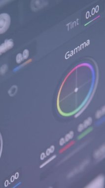 Renk dereceli bir bilgisayar monitörünün yakın çekimi. Video ya da fotoğraf sonrası prodüksiyon. Profesyonel fotoğraf ve video düzenleme yazılımı. Işık ve renk düzeltme halkaları. Renk tekerlekleri