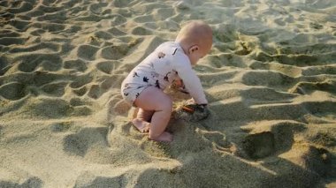 Bebek kumlu sahilde oturuyor, kumların dokusuyla iç içe, sakin denizle çevrili, doğada bir merak ve neşe uyandırıyor.