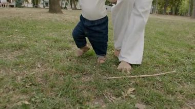 Bebek yemyeşil çimlerde ilk adımlarını atıyor, yetişkinler tarafından destekleniyor, iç açıcı bir keşif anı yakalıyor ve barışçıl bir ortamda büyüyor.