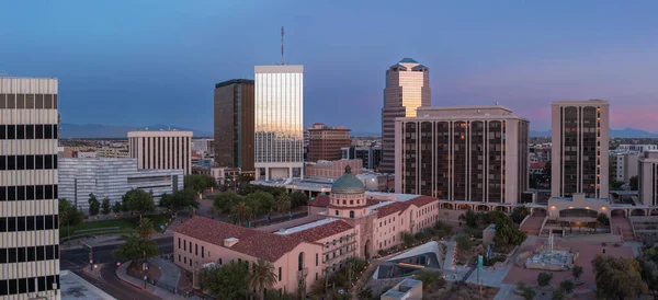 Aerial panorama of Tucson Arizona city center and Old Pima County Courthouse, drone view.