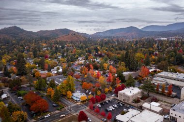 Grant Geçidi, Oregon, sonbahar renklerinde ağaçlı hava fotoğrafları. 