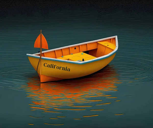 Boat named California in flood water. Abstract symbolism of California climate change, generative AI.