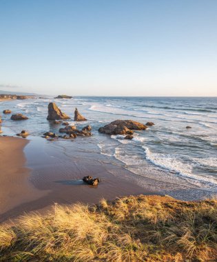  Bandon, Oregon, ABD. Güzel deniz yığınları ve kıyı şeridi manzarası. 