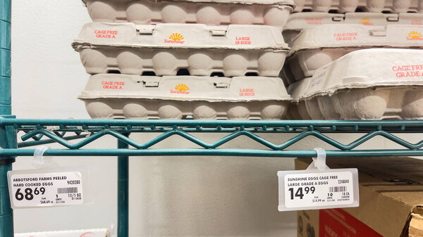 27 февраля 2025 года, Кос-Бей, Орегон, США. Супермаркет с упаковками яиц по очень высоким ценам