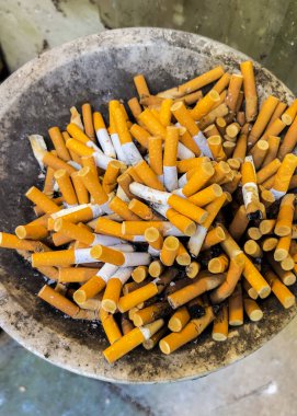 Bir sürü sigara tomurcuğu kirli kül tablasında, tepeden tırnağa. 