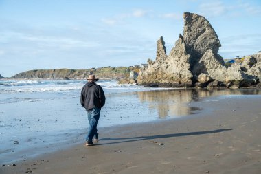 Oregon sahilinde deniz yığınlarıyla kumlu sahilde yürüyen bir turist.. 