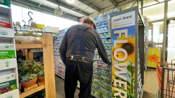 1 Haziran 2025, Roseburg, Oregon, ABD. Home Depot 'ta erkek alışverişçi, ekmek için tohumlara bakıyor.