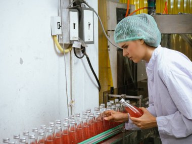 Nutritionists checking the quality of the herbal drinks check the quality of drink basil seed produces on a conveyer belt before distribution to market business.