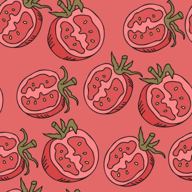 Domateslerde pürüzsüz desen. El çizimi vektör çizimi. Düz renk tasarımı.