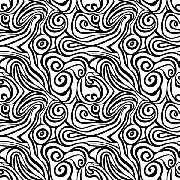 Seamless pattern with swirls - hand drawn black and white vector illustration.