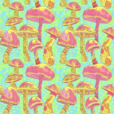 Psychedelic seamless pattern with mushrooms. Hand drawn vector illustration. Flat color design.