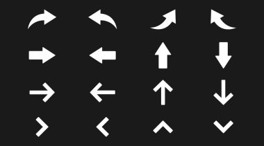 Ok simgesi vektörü ayarlandı. Siyah arkaplan üzerinde farklı okların izole edilmiş yansıması