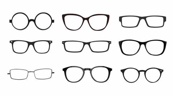 Черно-белые рамы для очков. Векторный изолированный набор стеклопакетов
