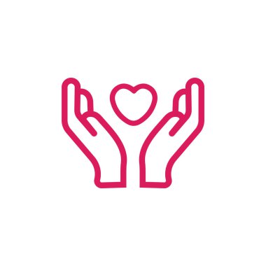 Siyah izole edilmiş kalp ikonu beyaz arka planda ellerinde. Kalp ve ellerin çizgi ikonu. Bakımın, sevginin, merhametin sembolü..