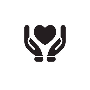 Siyah izole edilmiş kalp ikonu beyaz arka planda ellerinde. Kalp ve ellerin çizgi ikonu. Bakımın, sevginin, merhametin sembolü..