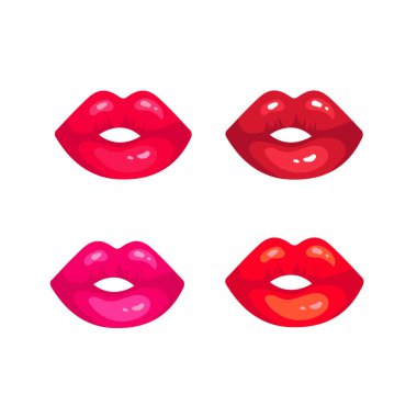 Dişi dudakları kırmızı ve pembe ruj ile parlatın. Moda Çizimi Kadın Ağzı. Beyaz arkaplanda dudak simgesi izole edilmiş vektör çizimi.