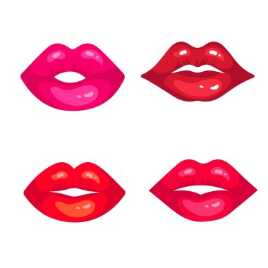 Dişi dudakları kırmızı ve pembe ruj ile parlatın. Moda Çizimi Kadın Ağzı. Beyaz arkaplanda dudak simgesi izole edilmiş vektör çizimi.