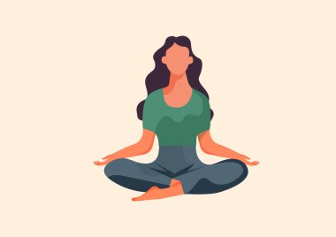Güzel vücutlu genç bir kadın yoga yapıyor. Kadınlar odasında meditasyon yapıyor... kapalı mekan illüstrasyon vektörü... düz çizim.