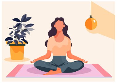 Güzel vücutlu genç bir kadın yoga yapıyor. Kadınlar odasında meditasyon yapıyor... kapalı mekan illüstrasyon vektörü... düz çizim.