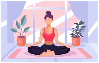 Güzel vücutlu genç bir kadın yoga yapıyor. Kadınlar odasında meditasyon yapıyor... kapalı mekan illüstrasyon vektörü... düz çizim.