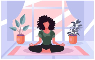 Güzel vücutlu genç bir kadın yoga yapıyor. Kadınlar odasında meditasyon yapıyor... kapalı mekan illüstrasyon vektörü... düz çizim.