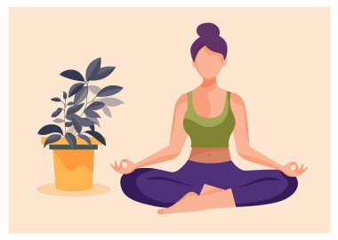 Güzel vücutlu genç bir kadın yoga yapıyor. Kadınlar odasında meditasyon yapıyor... kapalı mekan illüstrasyon vektörü... düz çizim.