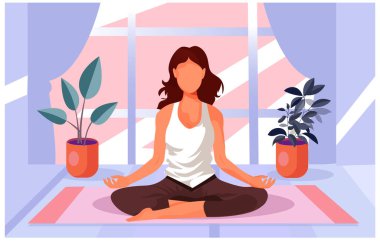 Güzel vücutlu genç bir kadın yoga yapıyor. Kadınlar odasında meditasyon yapıyor... kapalı mekan illüstrasyon vektörü... düz çizim.