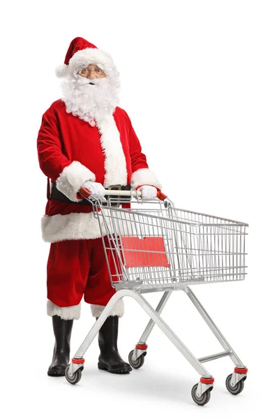 Weihnachtsmann Mit Leerem Einkaufswagen Auf Weißem Hintergrund — Stockfoto