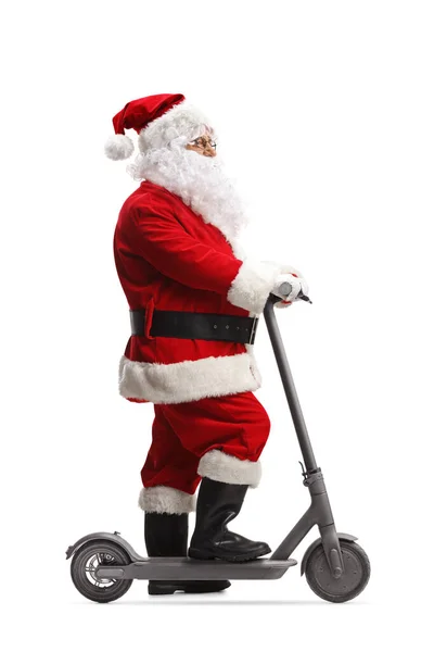 Perfil Comprimento Total Tiro Papai Noel Com Uma Scooter Elétrica — Fotografia de Stock