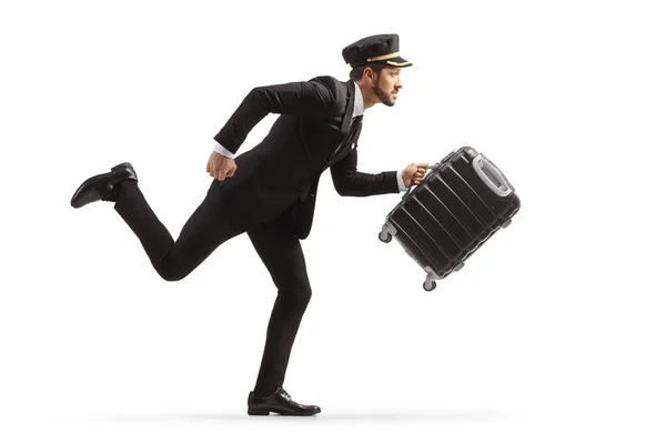 Full Length Profile Shot Chauffeur Rush Carrying Suitcase Running Isolated — Stock Photo, Image