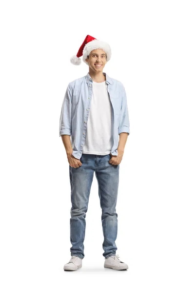 Casual Giovane Uomo Indossa Cappello Babbo Natale Isolato Sfondo Bianco — Foto Stock