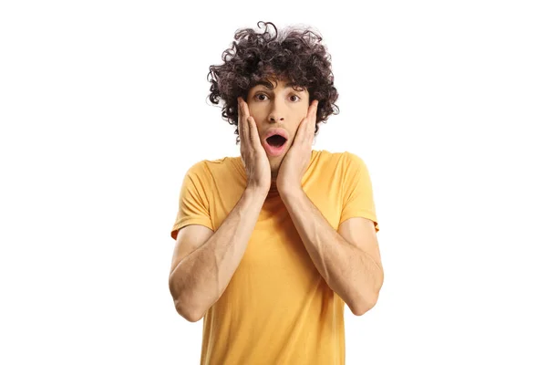 Shocked Young Man Holding His Face Isolated White Background — Stock Photo, Image