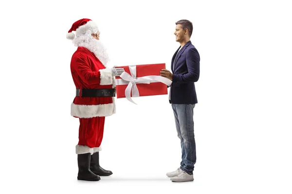 Full Längd Profil Bild Santa Claus Lämna Present Till Man — Stockfoto