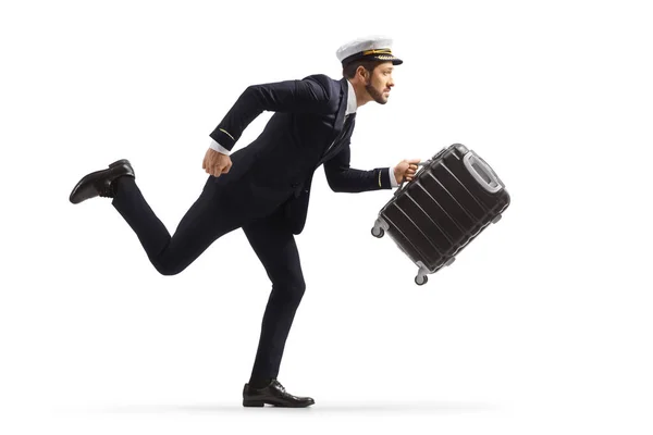 Full Length Profile Shot Pilot Hurry Carrying Suitcase Running Isolated — Stock Photo, Image