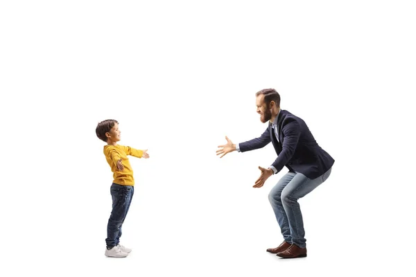 Full Length Profile Shot Boy Spreading Arms Hug His Father — Stock Photo, Image