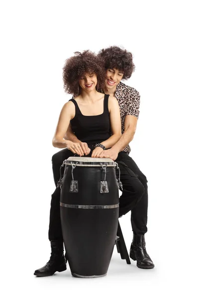 Young Couple Playing Conga Drums Together Isolated White Background — Stock Photo, Image
