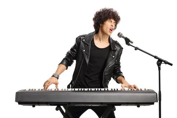 Young Man Curly Hair Playing Digital Piano Singing Isolated White — Stock Photo, Image