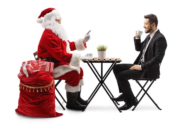 Santa Claus Praten Met Een Zakenman Een Cafe Geïsoleerd Witte — Stockfoto
