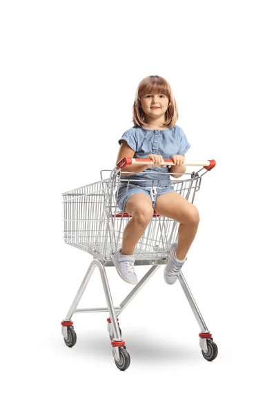 Cute Girl Sitting Shopping Cart Isolated White Background — Stock Photo, Image