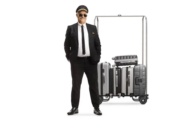 Mature Man Uniform Front Suitcases Cart Isolated White Background — Stock Photo, Image