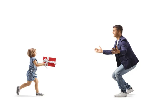 Full Length Profile Shot Child Running Man Carrying Present Isolated — Stock Photo, Image