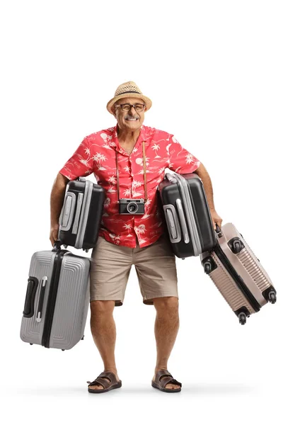 Full Length Portrait Mature Man Holding Heavy Suitcases Isolated White — Stock Photo, Image