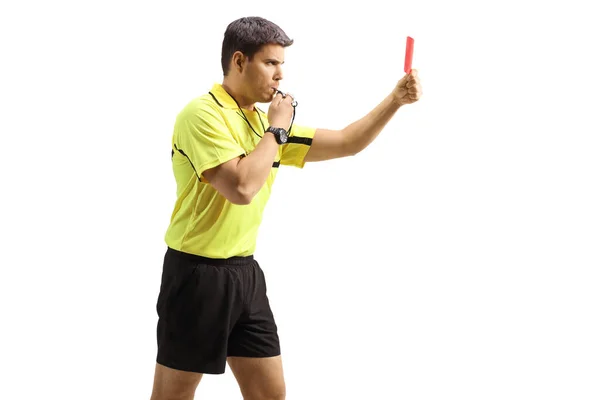 Profile Shot Football Referee Blowing Whistle Showing Red Card Isolated — Stock Photo, Image
