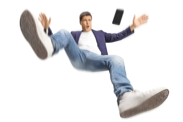 Jongeman Met Een Smartphone Vallen Geïsoleerd Witte Achtergrond — Stockfoto
