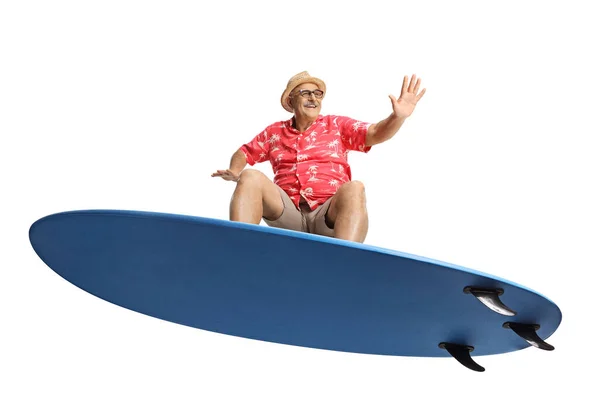 Mature Male Tourist Top Surfing Board Isolated White Background — Stock Photo, Image