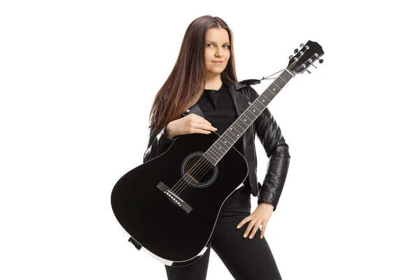 Жіночий Музикант Акустичною Гітарою Позує Ізольовано Білому Тлі — стокове фото