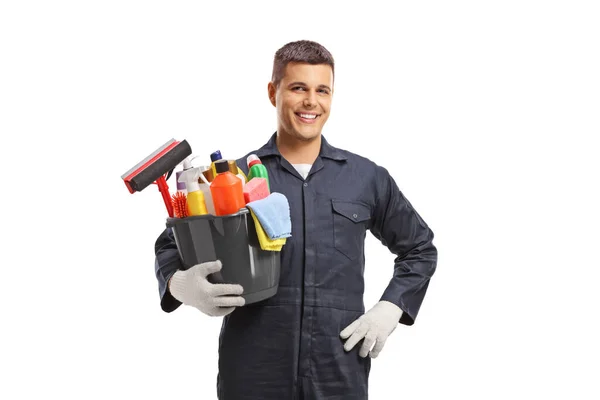 Male Janitor Holding Bucket Cleaning Supplies Isolated White Background — Stock Photo, Image