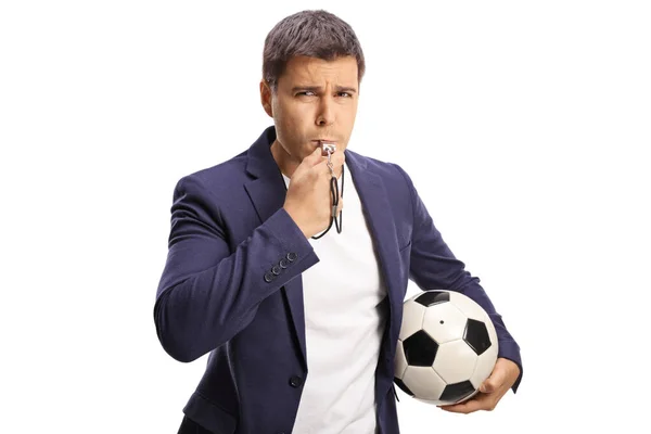 Casual Young Man Holding Football Blowing Whistle Isolated White Background — Stock Photo, Image