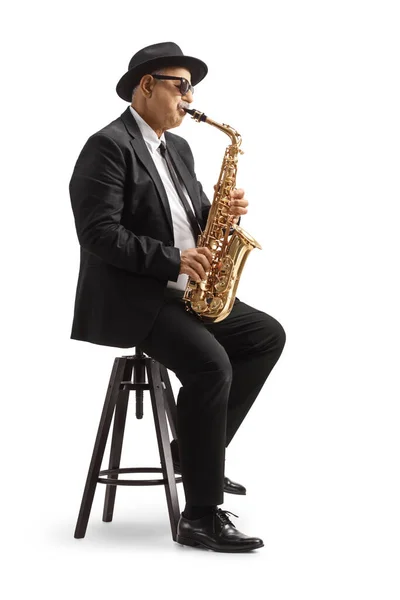 Mature Man Playing Sax Sitting Chair Isolated White Background — Stock Photo, Image