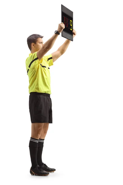 Full Length Profile Shot Football Referee Showing Substitute Board Isolated — Stock Photo, Image